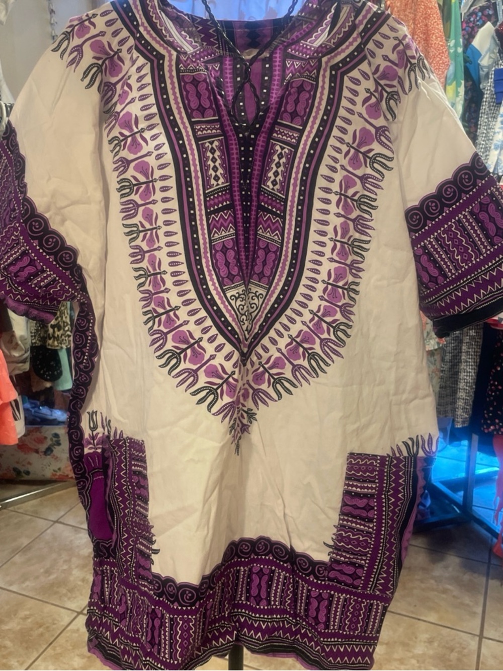 Purple Patterned Dashiki Tunic Top - Women's